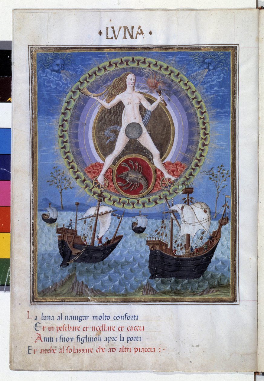 Księżyc ze znakiem zodiaku raka. Na dole łódki podczas wspinania się klaczy. Miniatura wykonana przez Cristoforo de Predis (v. 1440-v. 1486) - w „” De Sphaera””” d