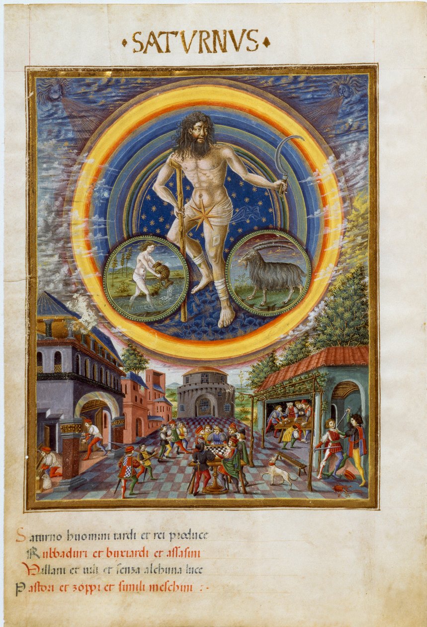 Saturn ze znakami zodiaku Wodnika i Koziorożca. Sceny z gry i jej wpływ na mężczyzn. (miniaturowy, ok.1470) autorstwa Cristoforo De Predis
