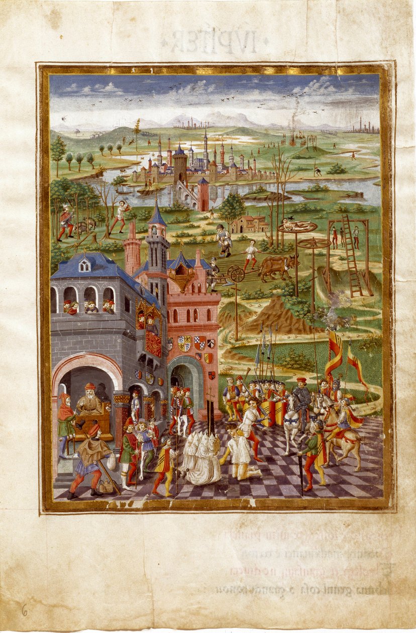 Scena tortur i skazań w średniowiecznym mieście. Wpływy Saturna (miniaturowy, ok.1470) autorstwa Cristoforo De Predis