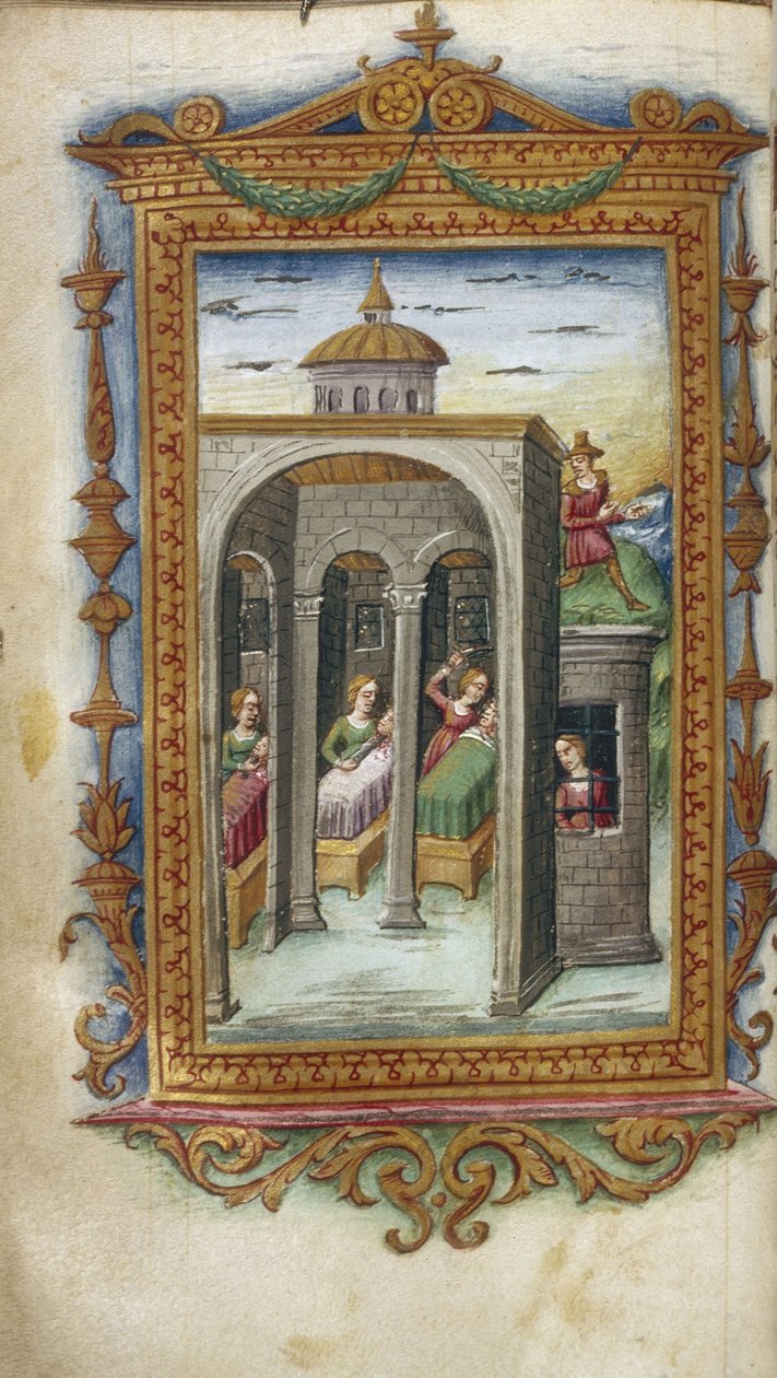 Córki Danausa mordujące swoich mężów. Hypermnestra w więzieniu Ilustracja do Bohaterów Owidiusza, 1485-1499 autorstwa Cristoforo Majorana