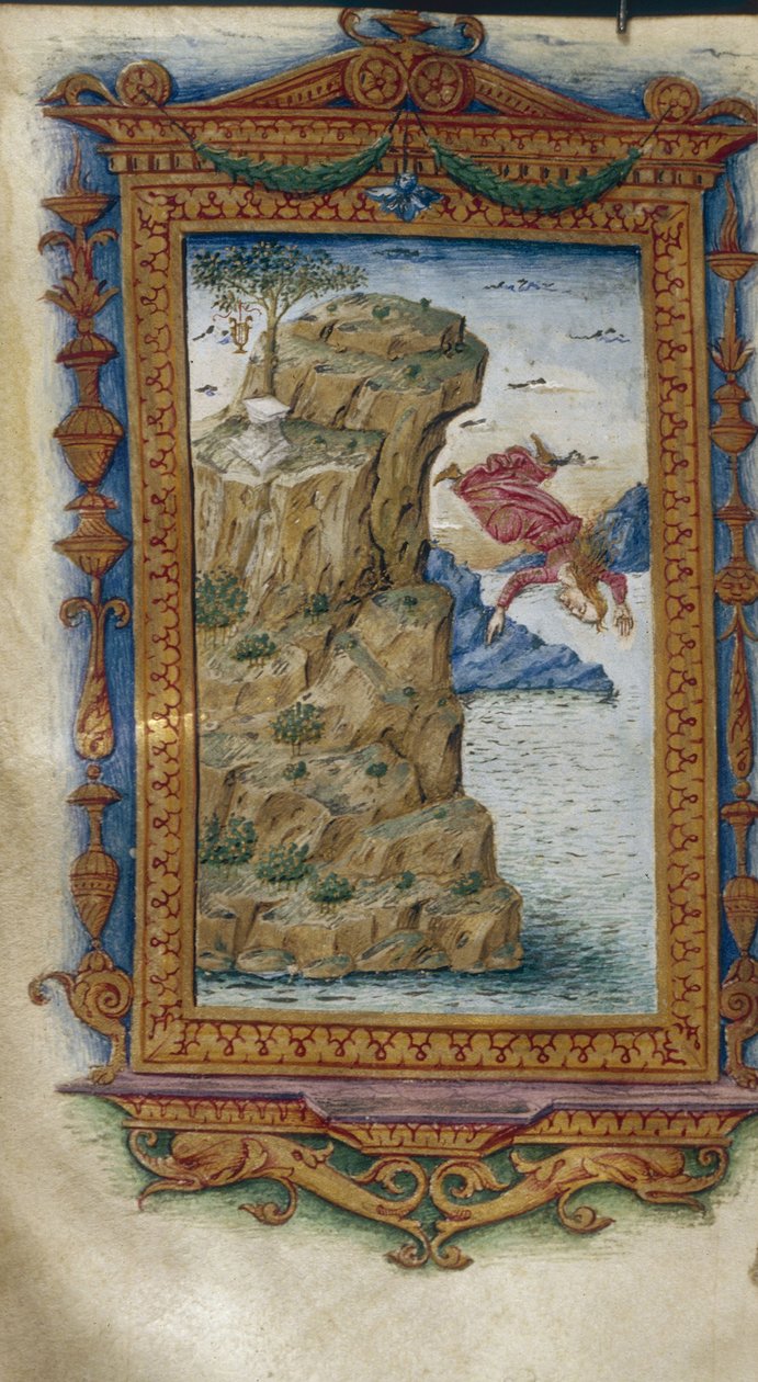 Safona rzucająca się do morza Ilustracja do Bohaterów Owidiusza, 1485-1499 autorstwa Cristoforo Majorana