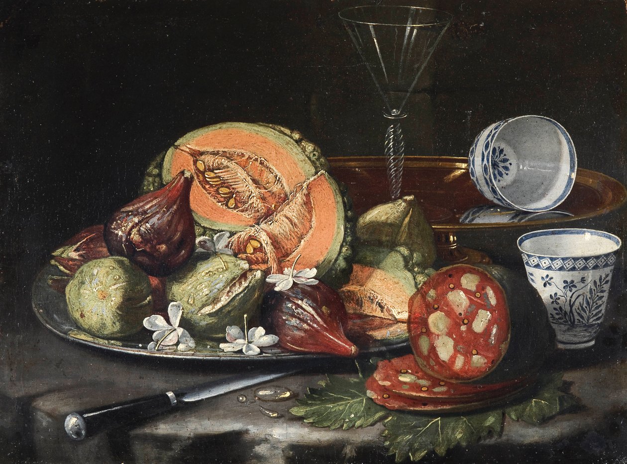 ""Martwa natura"" (Martwa natura) Melon, kiełbasa, figi i chińska porcelana Obraz autorstwa Cristoforo Monari (Munari) (1667-1720), - Olej na płótnie, 44x56 - Fondation Custodia autorstwa Cristoforo Munari