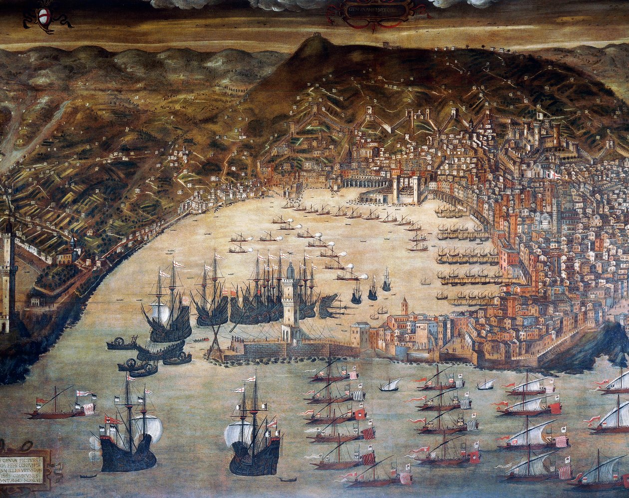 Widok Genui i jej portu, Obraz Cristoforo Grassi (1565-1598), Włochy autorstwa Cristoforo de Grassi