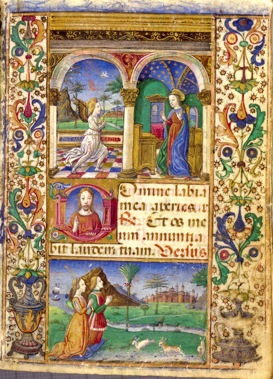 Zwiastowanie, Borromeo Book of Hours, z Giovannim III Borromeo i jego żoną Cleofą Pio da Carpi podczas modlitwy. autorstwa Cristoforo De Predis