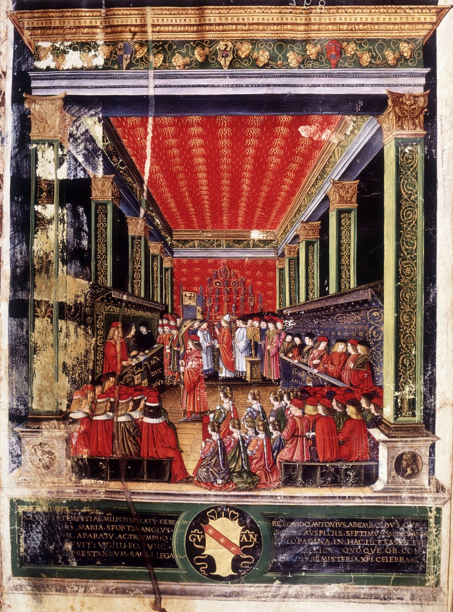 Indukcja Ludovica Marie Sforza dit le More (Ludovico Maria Sforza zwanego il Moro) (1452-1508) - iluminacja z Mszału kardynała Arcimboldiego, wykonana przez słynnego miniaturzystę Cristoforo de Predis. Biblioteka Kapitulna w Mediolanie. autorstwa Cristoforo De Predis