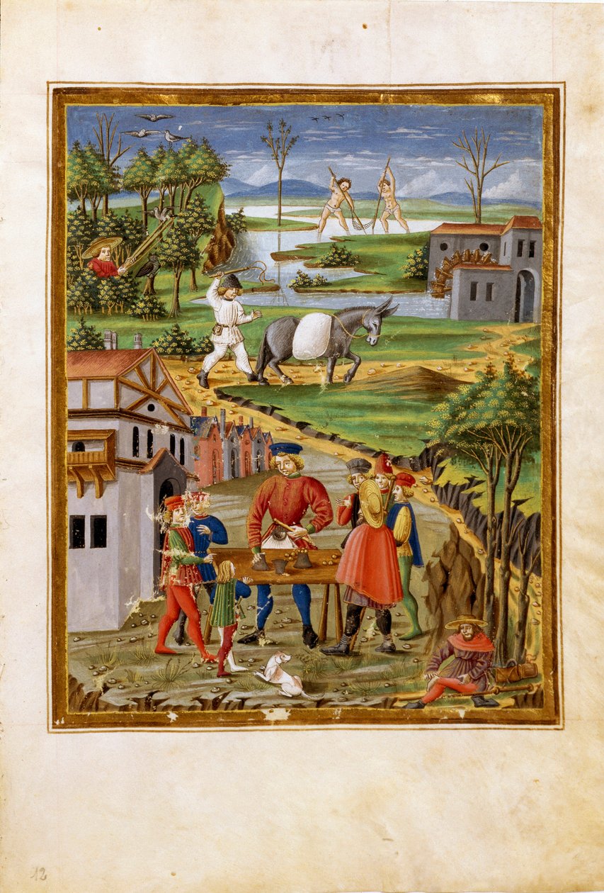 Wpływ Księżyca: scena rybołówstwa, łowiectwa i rolnictwa (miniatura, ok.1470) autorstwa Cristoforo De Predis
