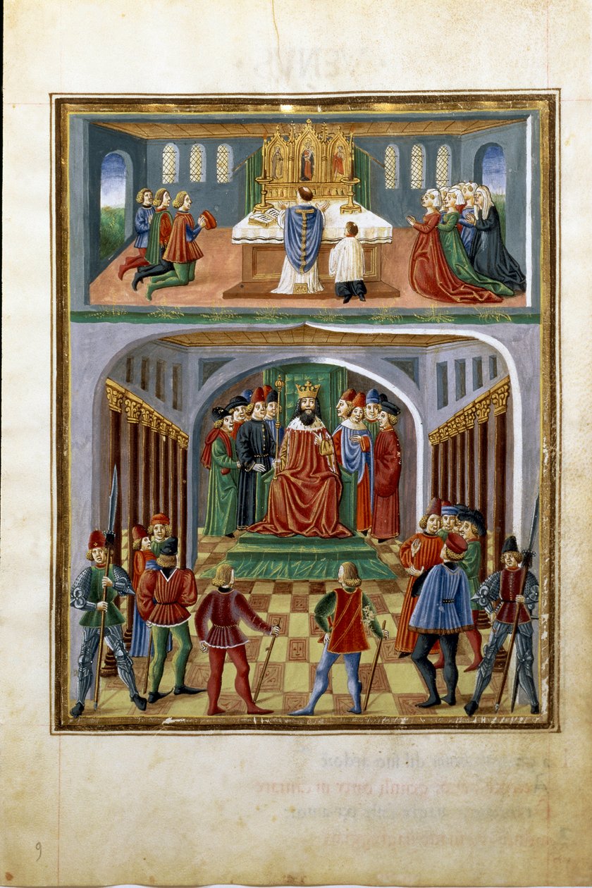 Wpływ słońca: władza doczesna (król przed swymi dworzanami) i duchowa (służba kapłana w kościele). (miniaturowy, ok.1470) autorstwa Cristoforo De Predis