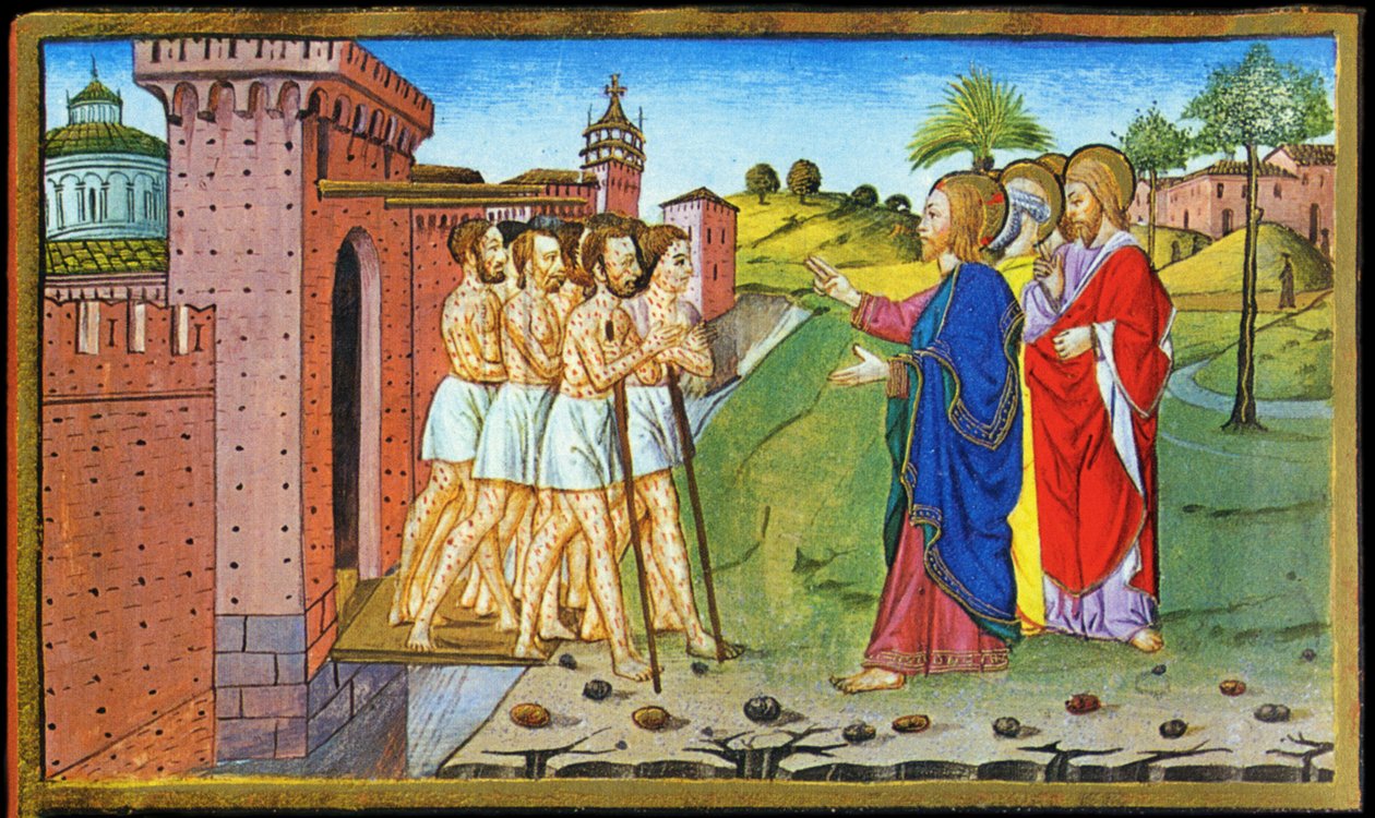 Jezus i trędowaci. Miniatura Cristoforo autorstwa Predis - w Historii nowego testamentu autorstwa Cristoforo De Predis