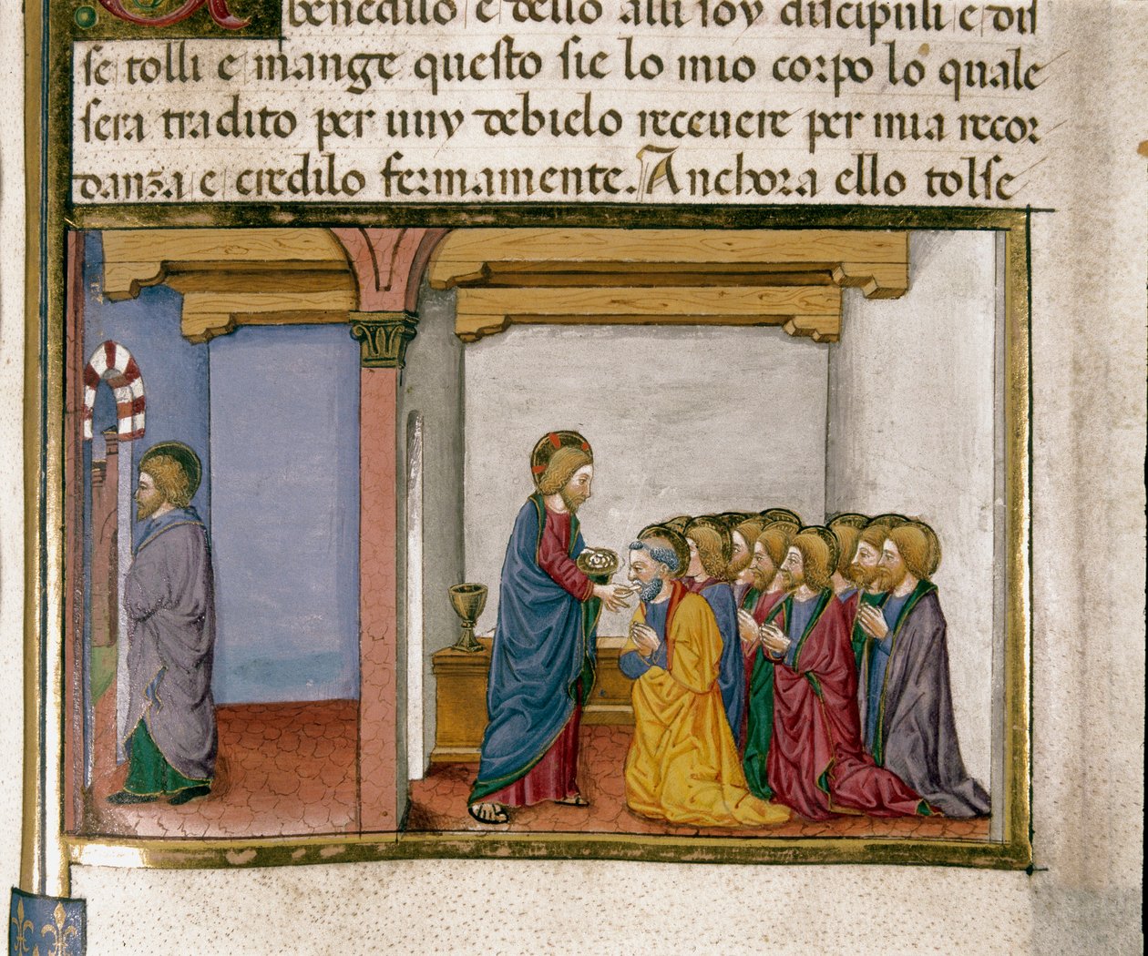 Jezus daje apostołowi chleb, symbol jego ciała, zaś Judasz wychodzi Miniatura z Cristoforo De Predis (1440-1486) po Historii Nowego Testamentu autorstwa Cristoforo De Predis
