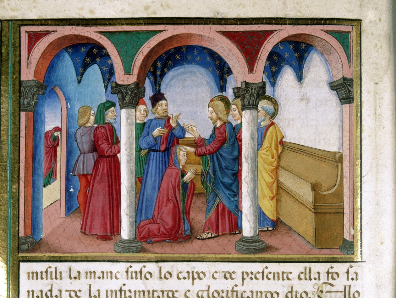 Jezus prostuje kobietę z pokręconymi członkami w miniaturowej synagodze autorstwa Cristoforo De Predis (1440-1486) po Historii Nowego Testamentu (fot. 78) autorstwa Cristoforo De Predis