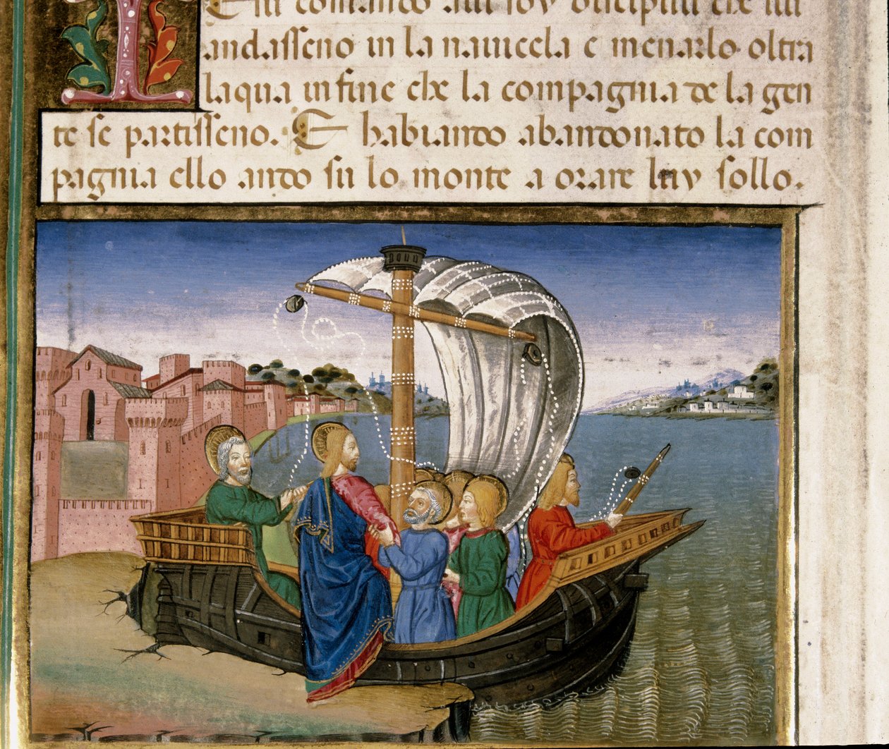Jezus mówi Apostołom, aby popłynęli łodzią do Kafarneum, podczas gdy on idzie modlić się na Miniaturowej Górze Cristoforo De Predis (1440-1486) po Historii Nowego Testamentu autorstwa Cristoforo De Predis