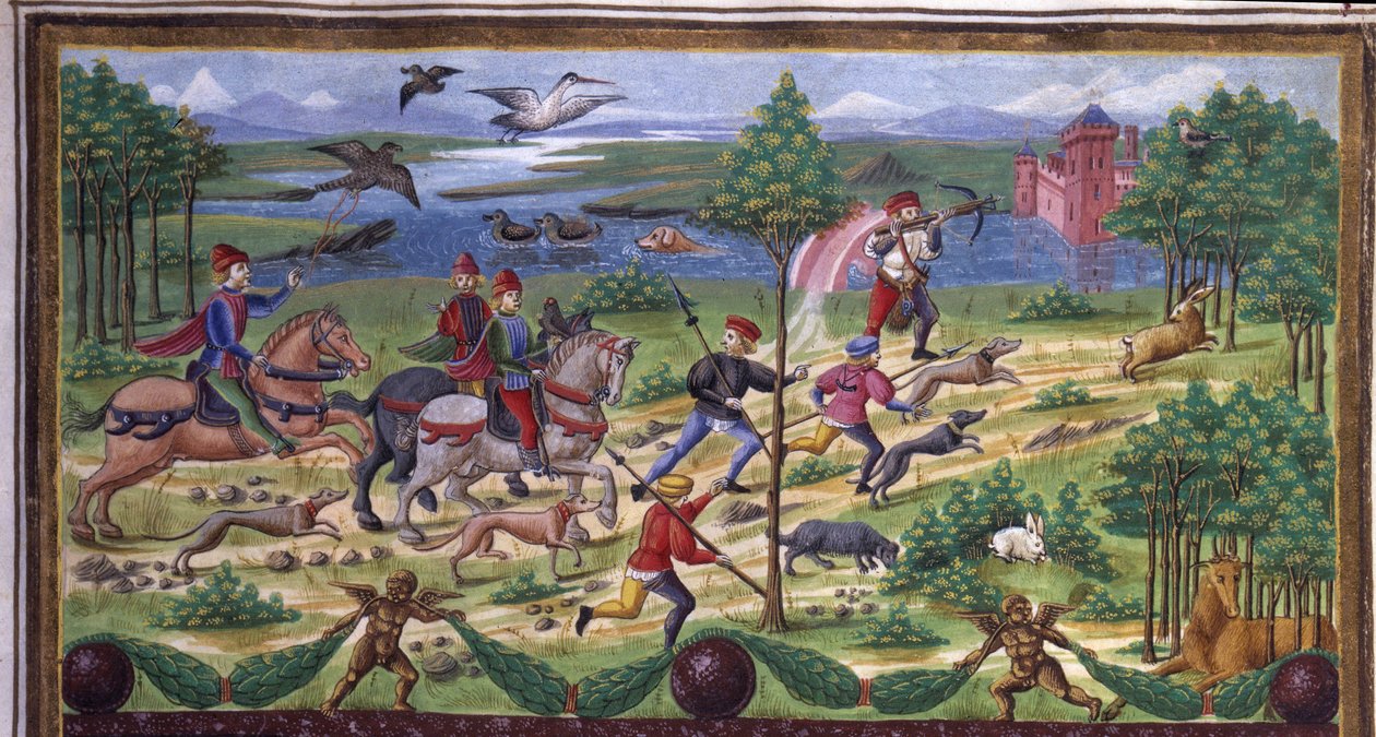 Szczegóły łowieckie w „”Wpływie marca””: łowiectwo i sąd. Miniatura wykonana przez Cristoforo de Predis (ok. 1440-ok. 1486) - w „” De Sphaera ”” ”d