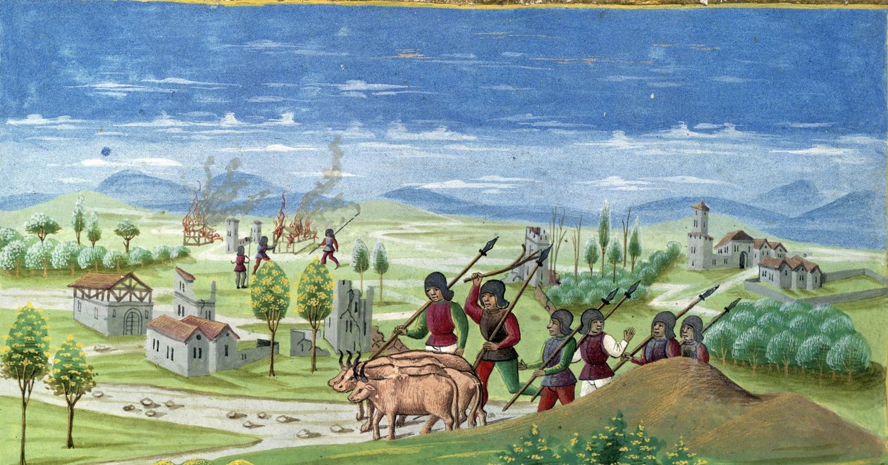 Grabież w czasie wojny. detal "Wpływu Słońca": Wojna. Miniatura wykonana przez Cristoforo de Predis (v. 1440-v. 1486) - w "De Sphaera" d