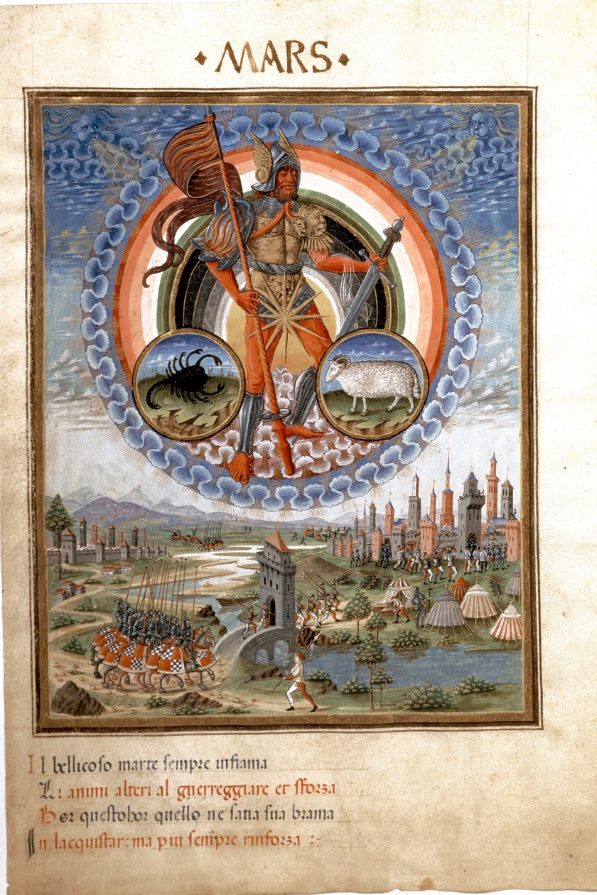 Mars ze znakami zodiaku skorpiona i beliera. Sceny batalistyczne. (miniaturowy, ok.1470) autorstwa Cristoforo De Predis