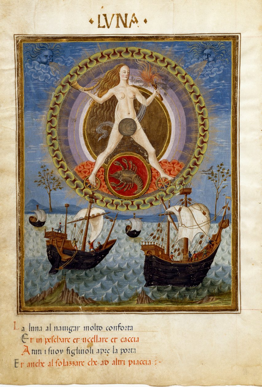 Księżyc ze znakiem zodiaku raka. Łódki podczas wstawania klaczy (miniaturowe, ok.1470) autorstwa Cristoforo De Predis