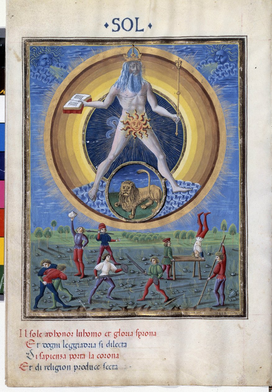 Słońce ze znakiem zodiaku lwa. Na dole są sceny z męskich ćwiczeń fizycznych. Miniatura wykonana przez Cristoforo de Predis (v. 1440-v. 1486) - w „” De Sphaera””” d