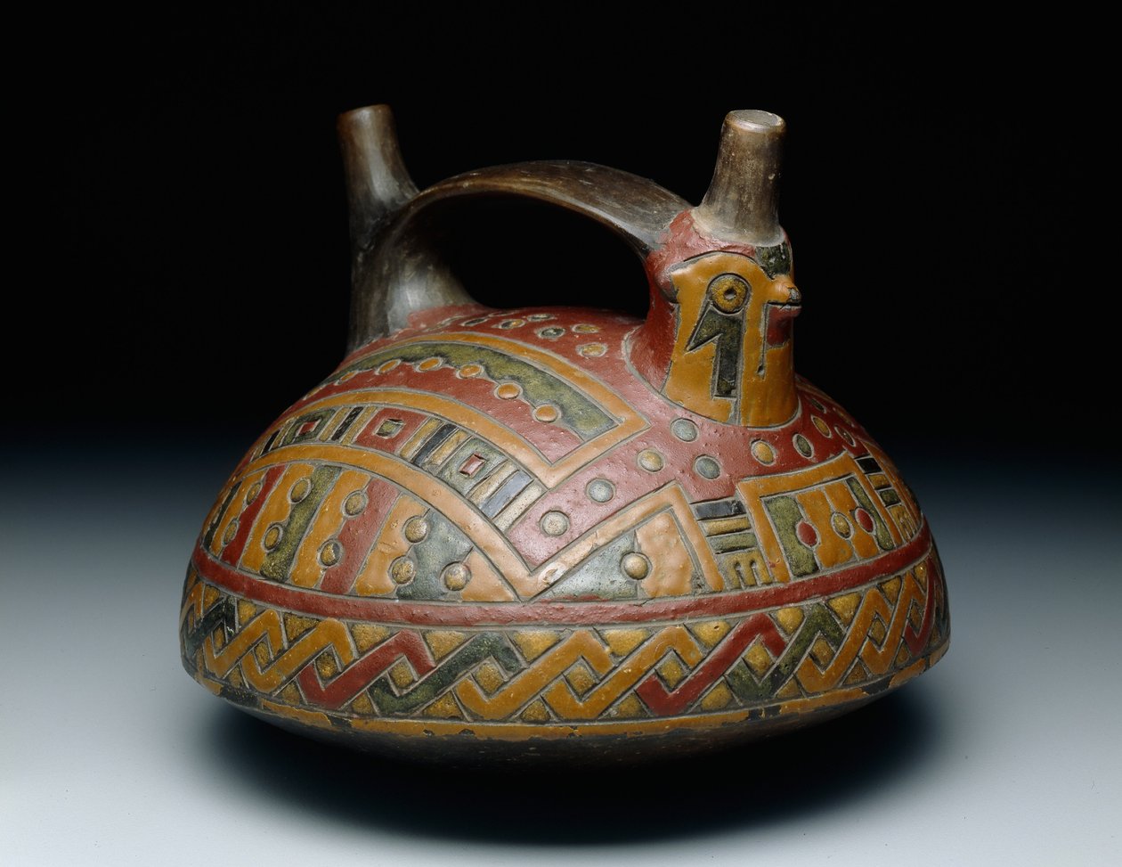 Naczynie z dwoma dziobkami i uchwytem z paskiem przedstawiające sokoła, Early Horizon, Epoka 8, ok. 500-400 p.n.e. (farba ceramiczna i na bazie żywicy) autorstwa Culture Paracas