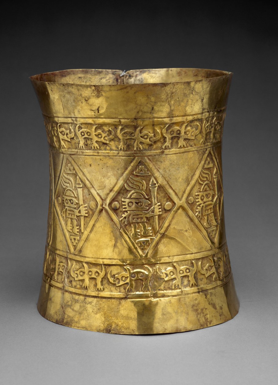 Korona przedstawiająca władców lub bogów trzymających ceremonialne laski, 800-1350 ne (młotkowane i ścigane złoto) autorstwa Culture Sicán