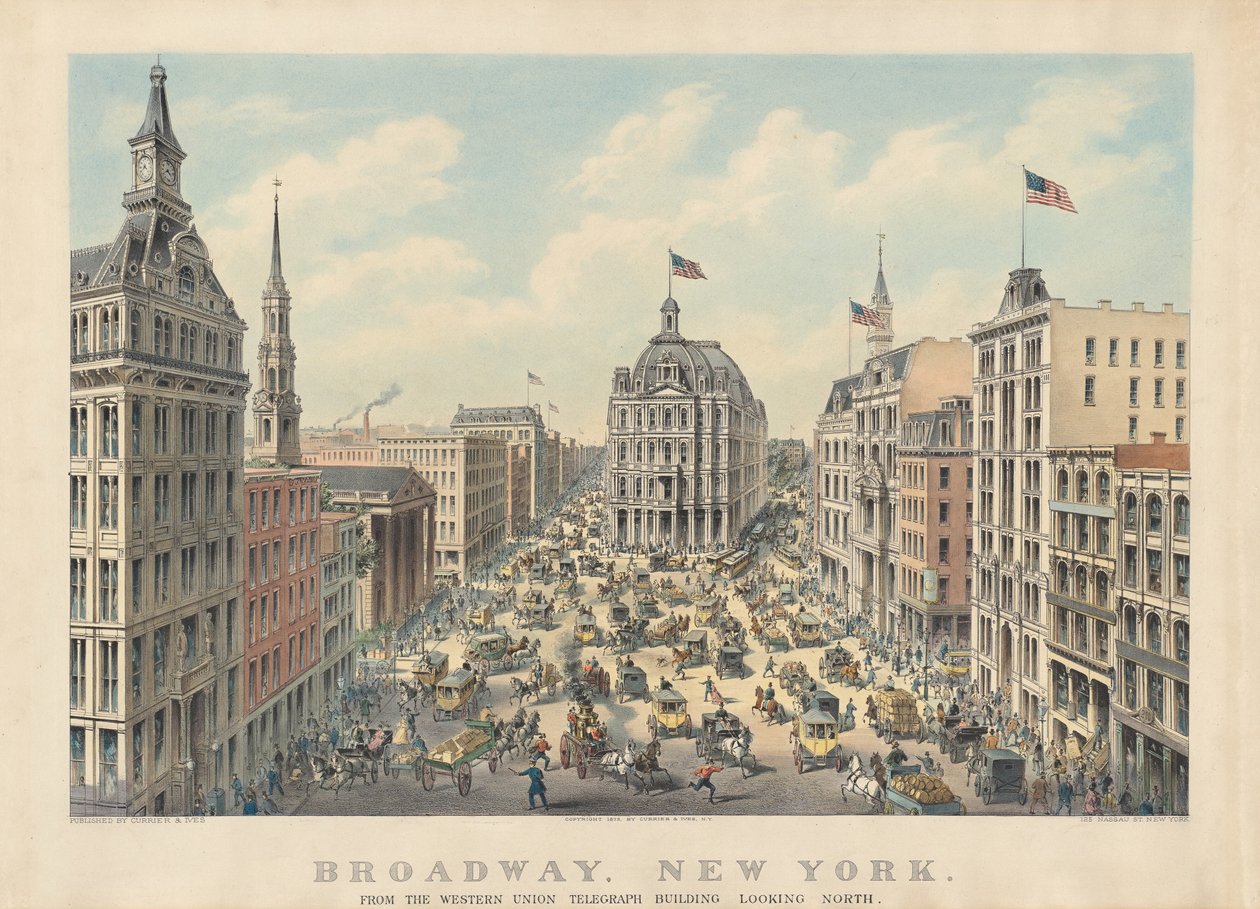 Broadway, Nowy Jork: Z budynku Western Union Telegraph patrząc na północ autorstwa Currier and Ives