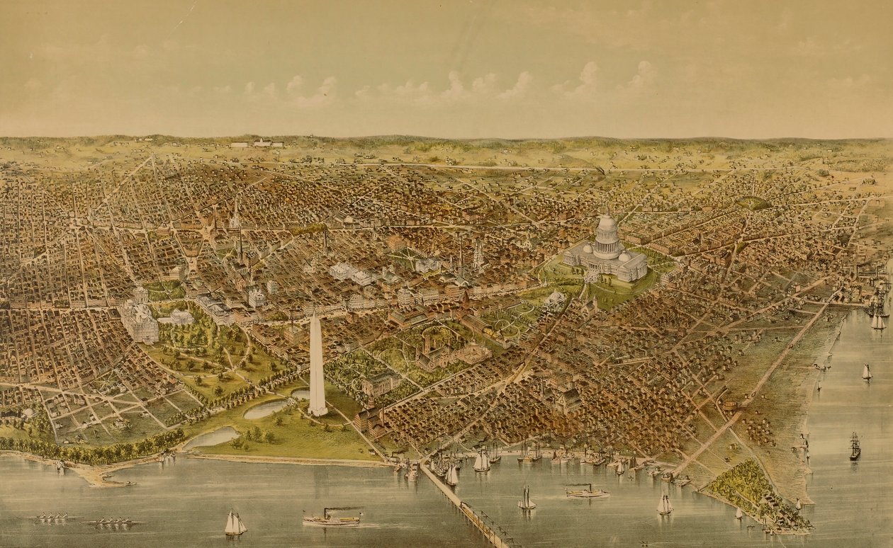 Miasto Waszyngton (widok z lotu ptaka z Potomaku, patrząc na północ) autorstwa Currier and Ives