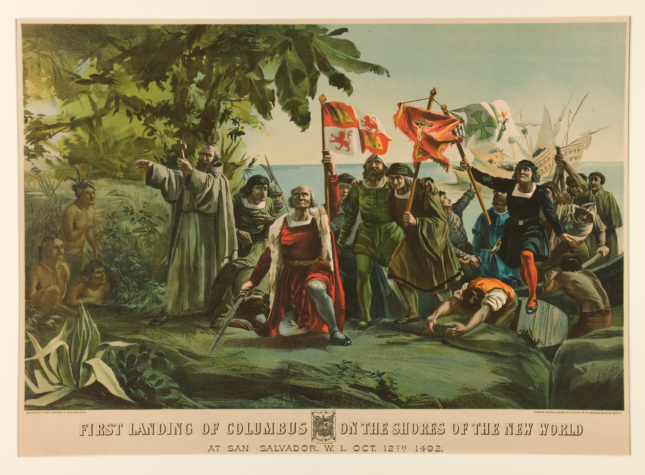Pierwsze lądowanie Kolumba na wybrzeżu Nowego Świata autorstwa Currier and Ives