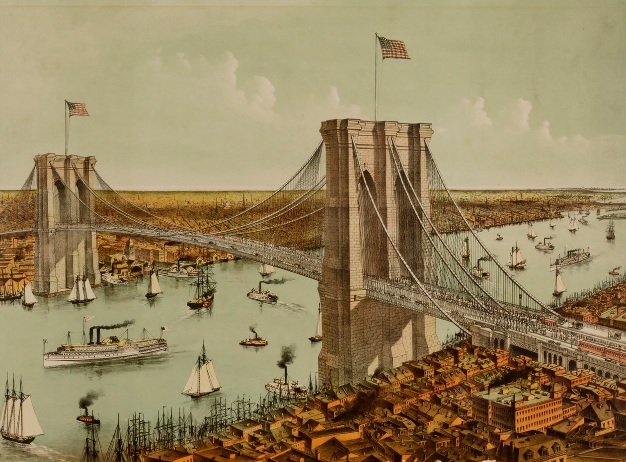 Most wiszący Great East River autorstwa Currier and Ives