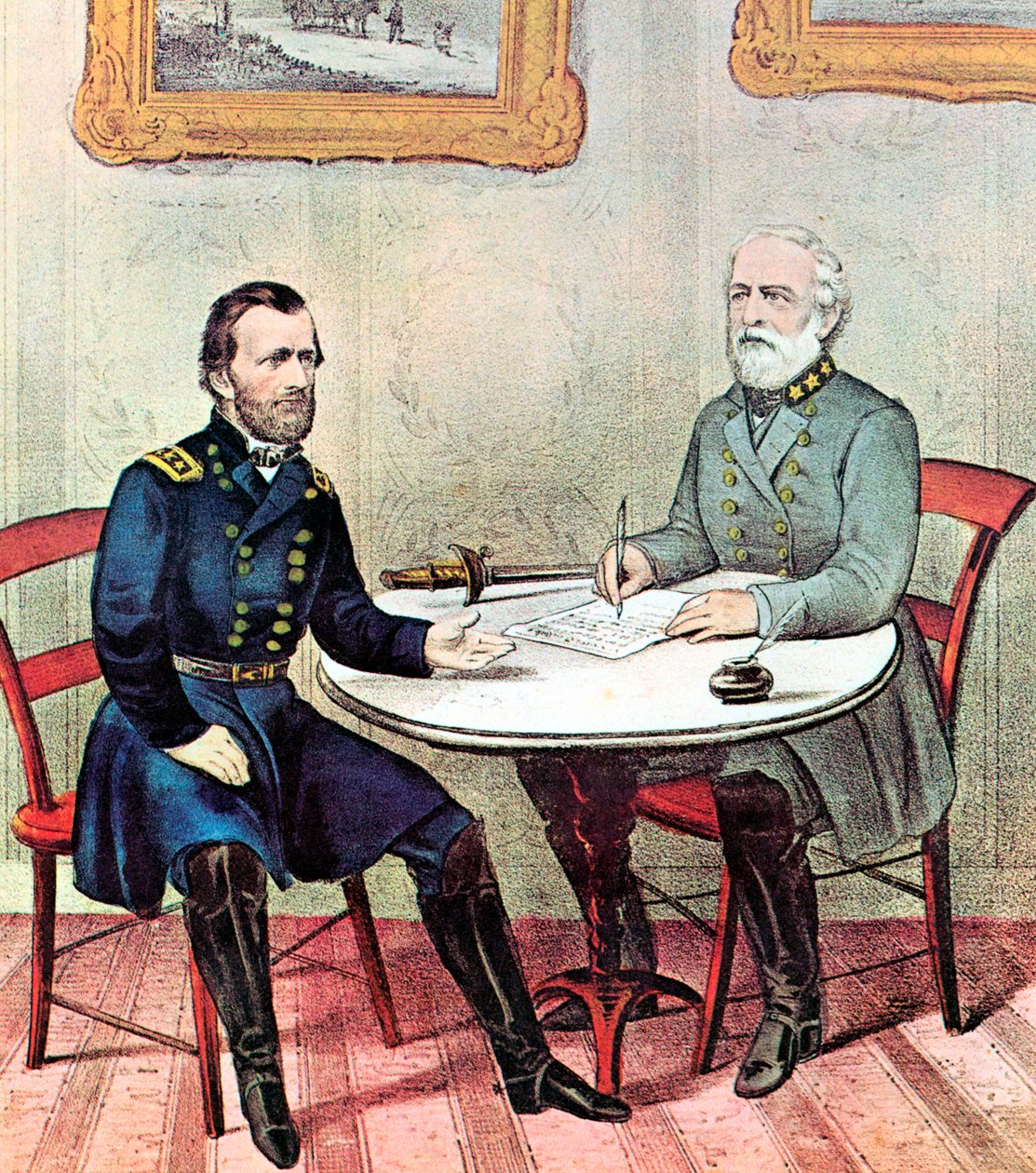 Spotkanie generałów Granta odeszło i Lee, wojna secesyjna, 1865 autorstwa Currier and Ives