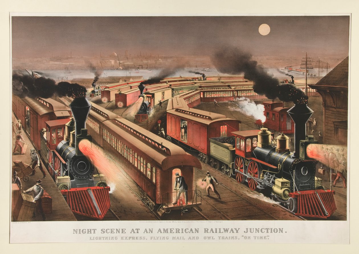 Scena nocna na amerykańskim węźle kolejowym autorstwa Currier and Ives