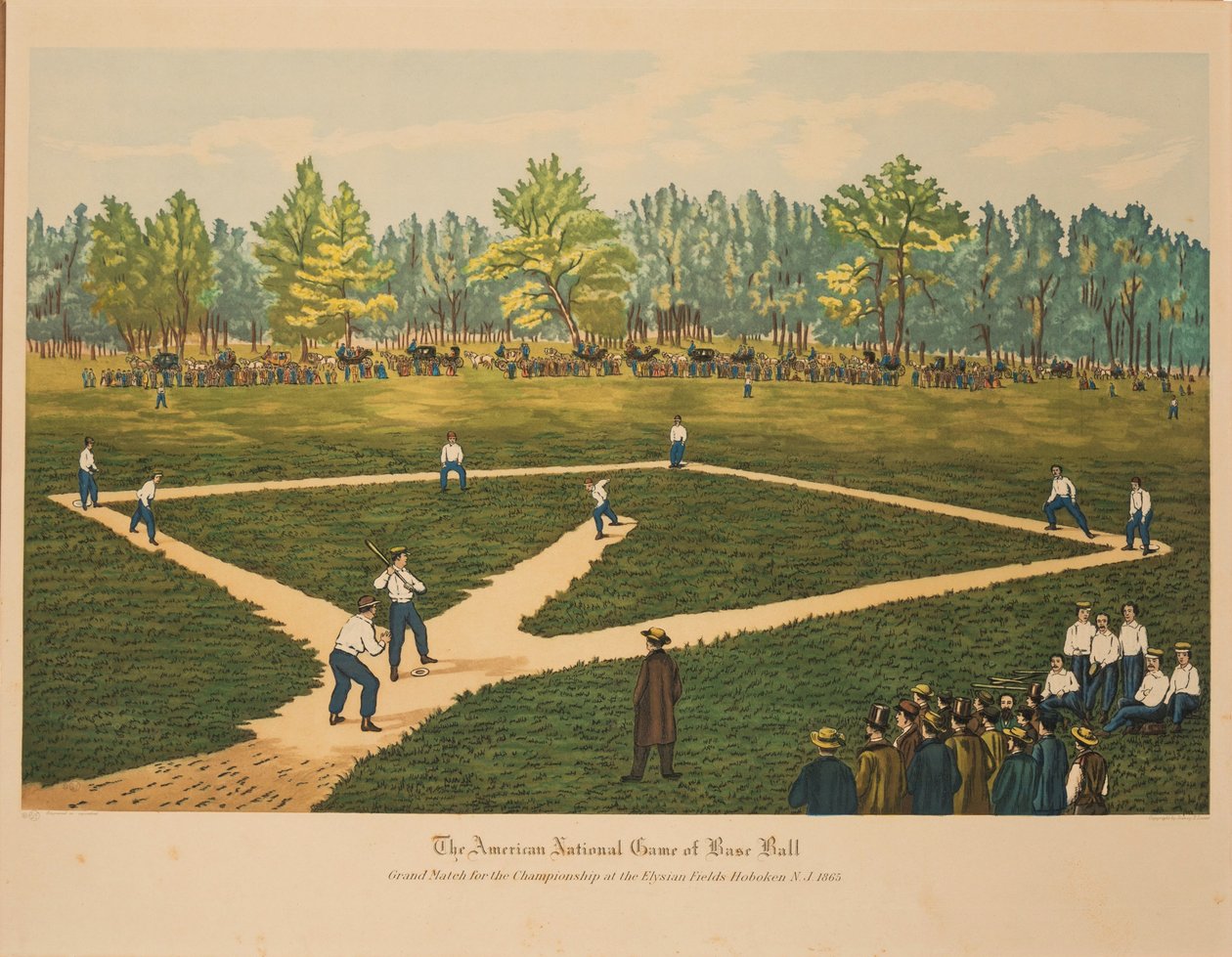 Amerykańska narodowa gra w baseball, ok. 1866 r. autorstwa Currier and Ives.