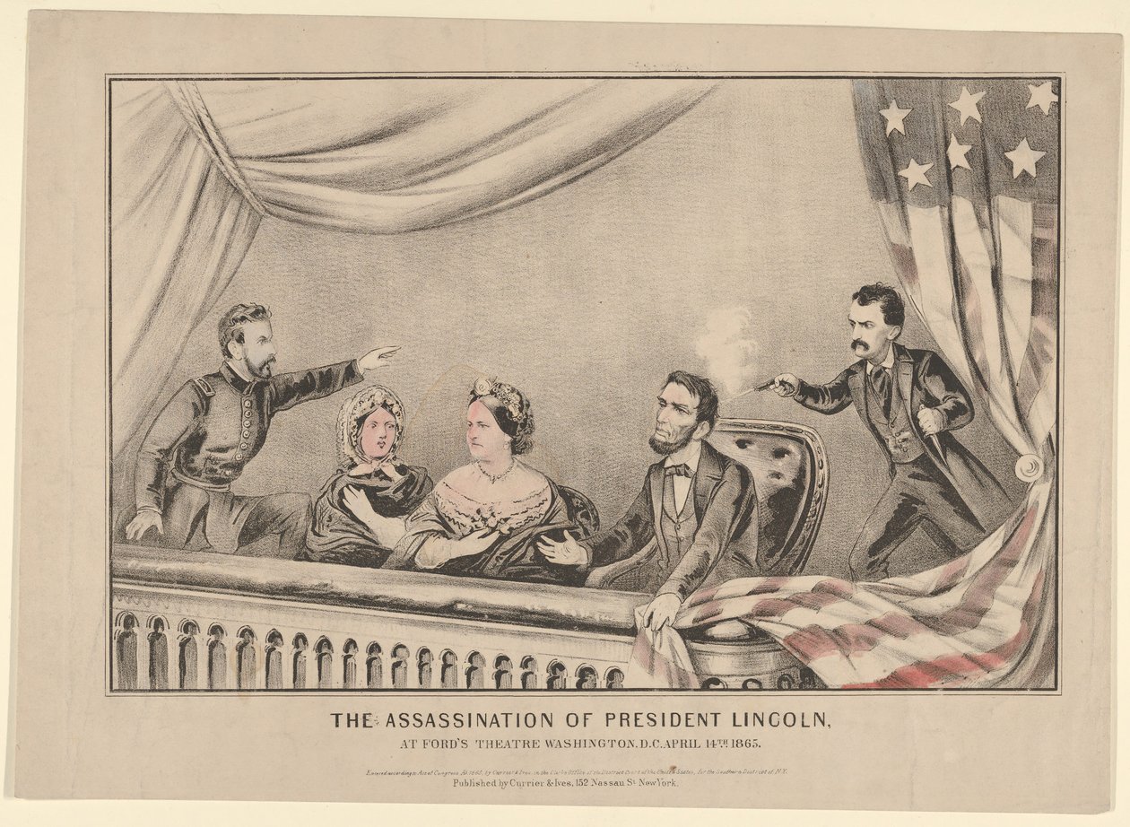 Zabójstwo prezydenta Lincolna w teatrze Fords w Waszyngtonie, 14 kwietnia 1865, 1865. autorstwa Currier and Ives