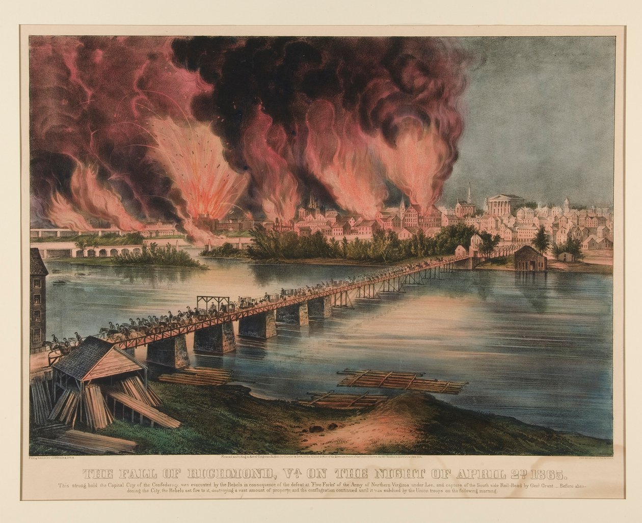 Upadek Richmond w stanie Wirginia w nocy 2 kwietnia 1865 r autorstwa Currier and Ives