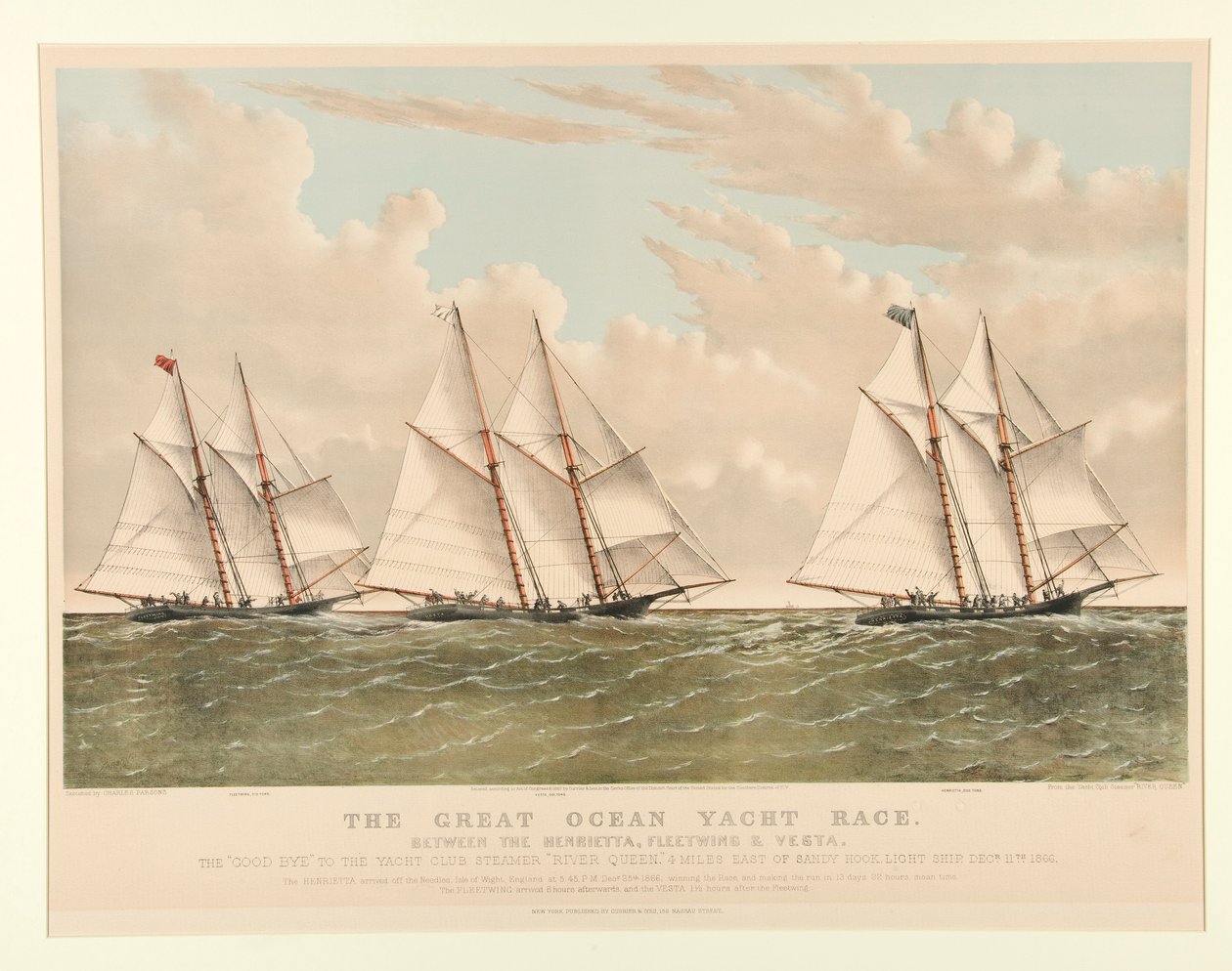 Wielki wyścig jachtów oceanicznych między Henriettą, Fleetwing i Vesta autorstwa Currier and Ives