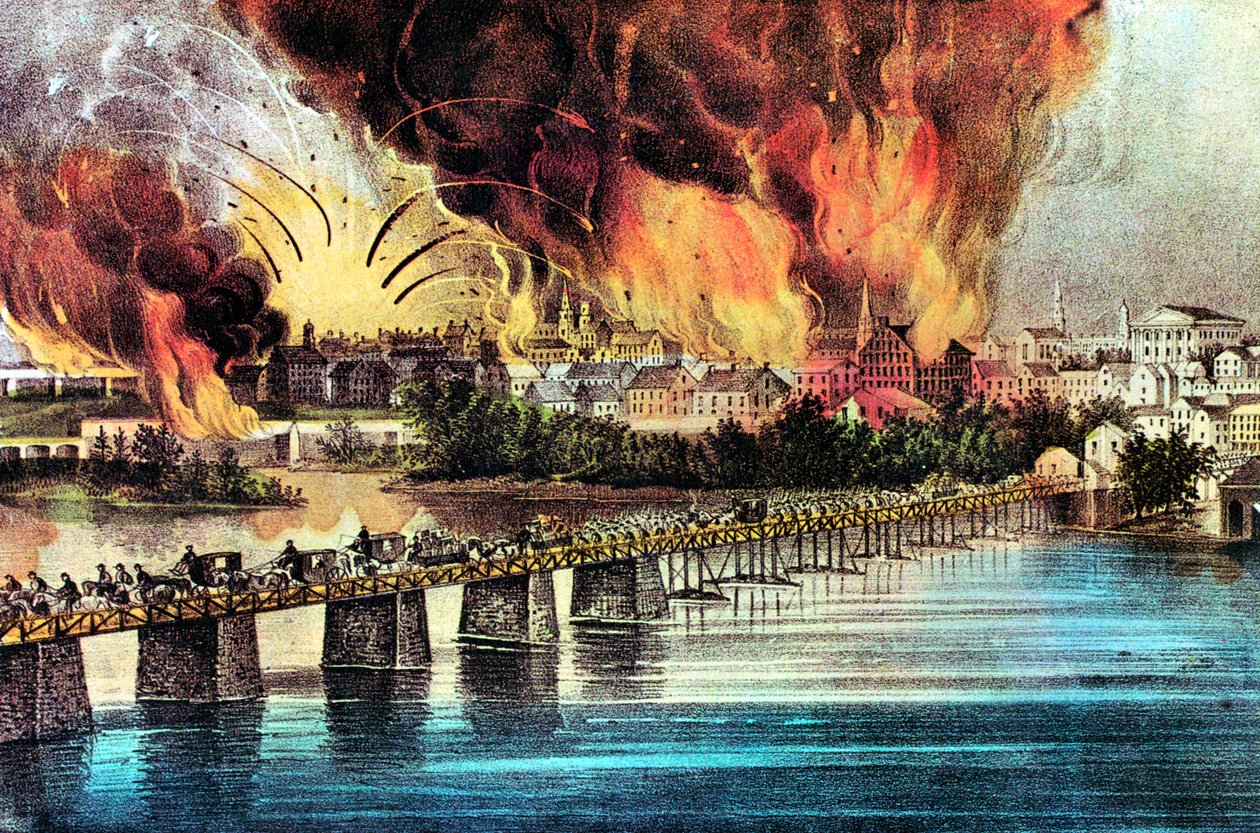 Upadek Richmond w stanie Wirginia, wojna secesyjna, 2 kwietnia 1865 r autorstwa Currier and Ives