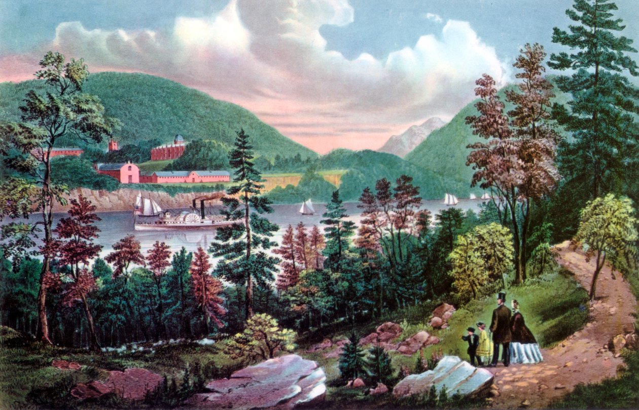 West Point, Akademia Wojskowa USA, z przeciwległego brzegu, 1862. autorstwa Currier and Ives