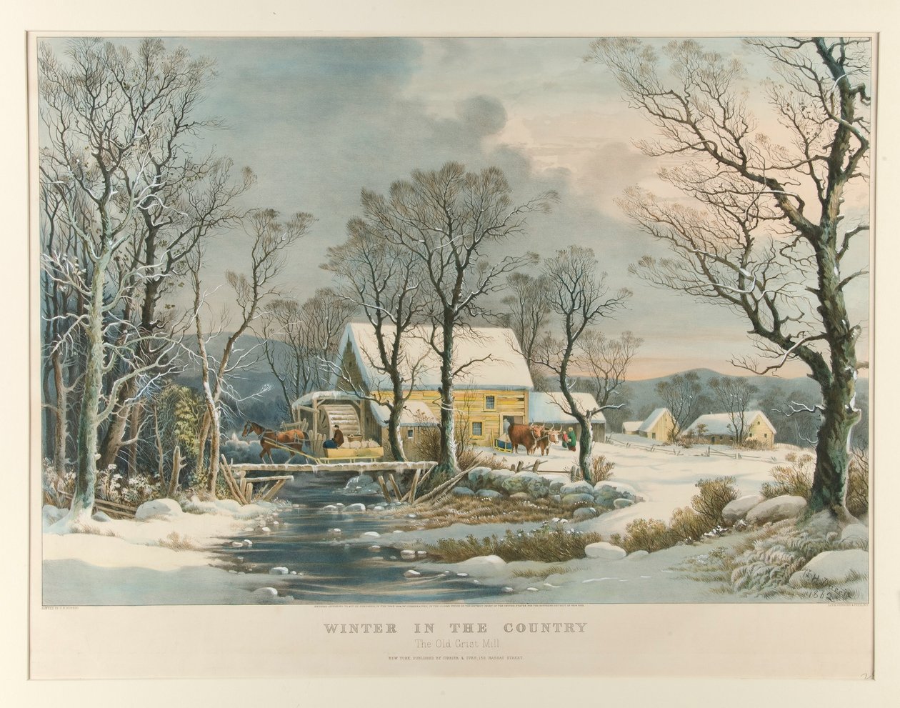 Zima na wsi, stary młyn przemiałowy autorstwa Currier and Ives