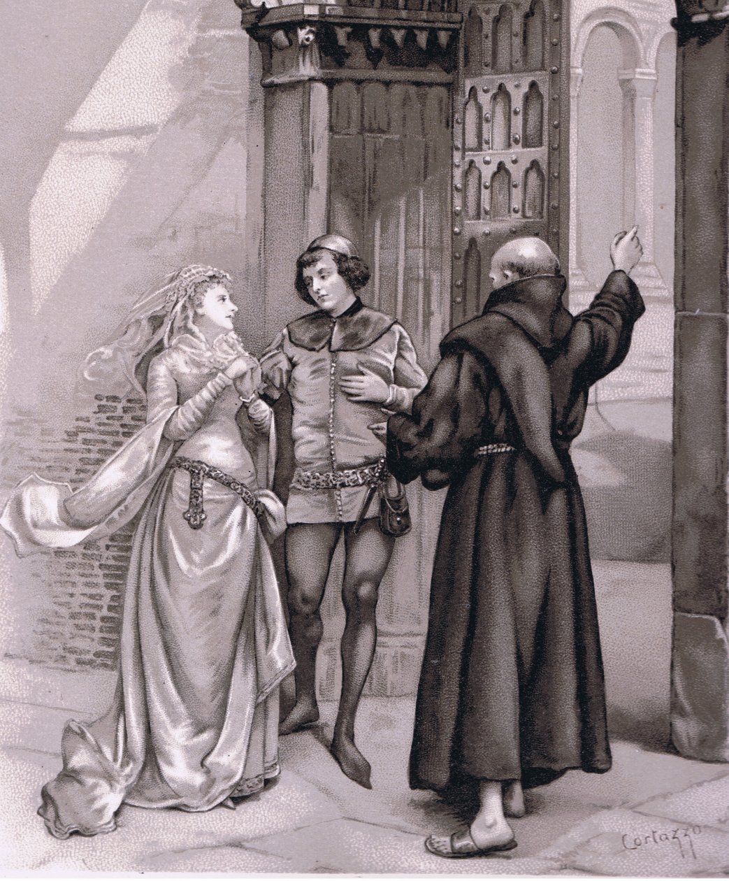 Wchodzi brat Laurence i Romeo, ilustracja z Romea i Julii, autorstwa Curtazzo Curtazzo