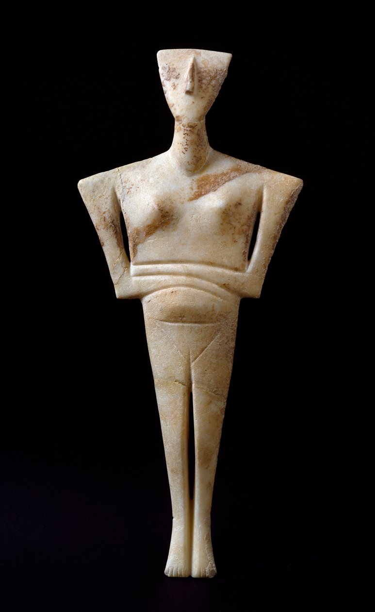 Sztuka Cyklad: „”figurka kobieca”””marmurowy posążek z Syros. 3000 PNE. Cywilizacja Cyklad (-3200 a -2000) Ndz. 46 cm Ateny, Narodowe Muzeum Archeologiczne - Idol Kobiecy, z Syros - Rzeźba z marmuru (wys. 46 cm), cykladyczna cuwilizacja, ok. 3000 pne - Nat autorstwa Cycladic
