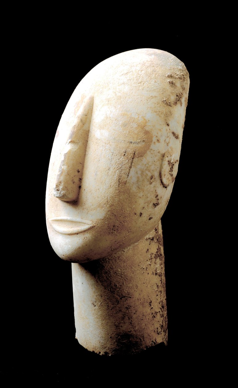 Sztuka Cyklad: „”duża głowa””” Rzeźba z marmuru. 3000 PNE. Cywilizacja Cyklad (-3200 a -2000) Ateny, Narodowe Muzeum Archeologiczne autorstwa Cycladic