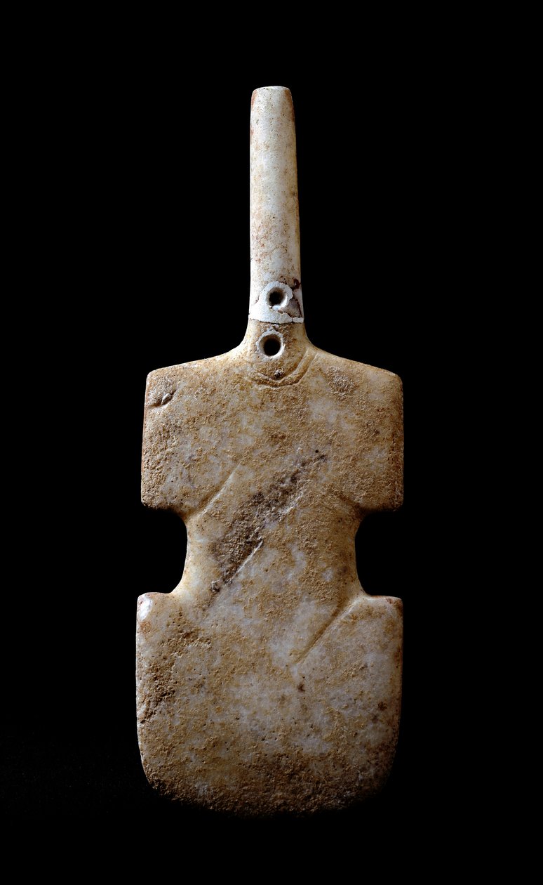 Sztuka Cyklad: „”statuetka w formie skrzypiec”””marmurowy idol z Paros. 3000 PNE. Cywilizacja Cyklad (-3200 a -2000) Ateny, Narodowe Muzeum Archeologiczne autorstwa Cycladic