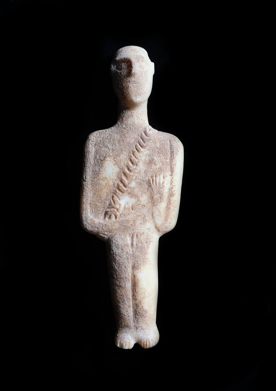 Męski idol, schematyczna figurka. Rzeźba z białego marmuru z inkrustacjami w kolorze ochry, 3200-2000 pne autorstwa Cycladic Cycladic