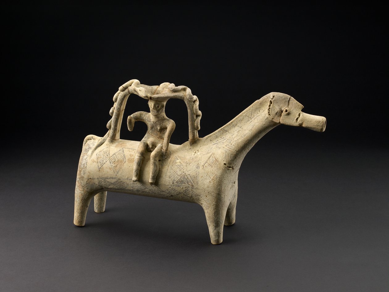 Ryton z terakoty z jeźdźcem jako częścią rączki na grzbiecie, późny okres cypryjski IIIB, ok. 1125-1050 p.n.e. (ceramika) autorstwa Cypriot