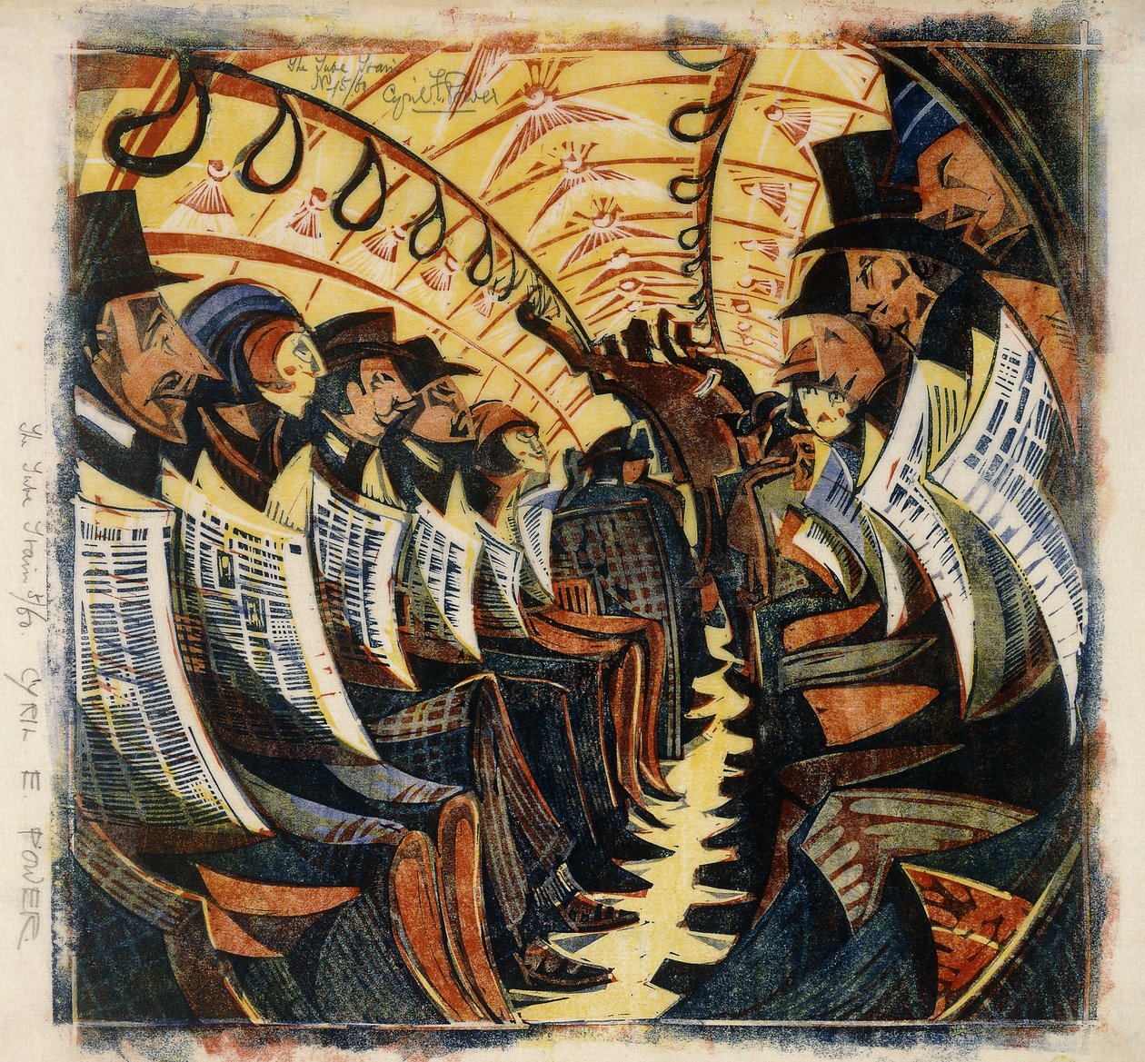 The Tube Train, c.1930 (linoryt wydrukowany w kolorach na japońskiej bibułce) autorstwa Cyril Edward Power