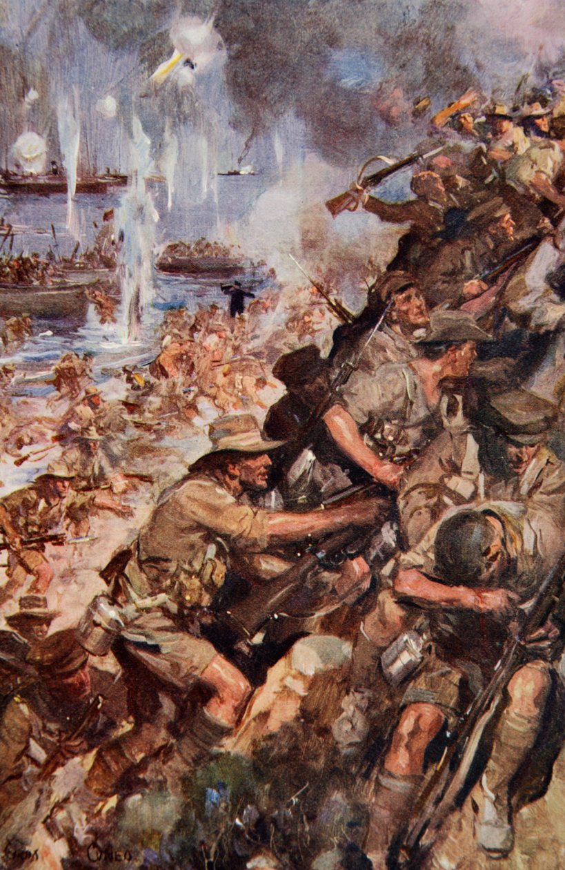 „Midst Shot and Shell zrobiliśmy wąską plażę”, lądowanie w Gallipoli, ilustracja z „Told in the Huts: The YMCA Gift Book”, opublikowanej w 1916 roku autorstwa Cyrus Cuneo