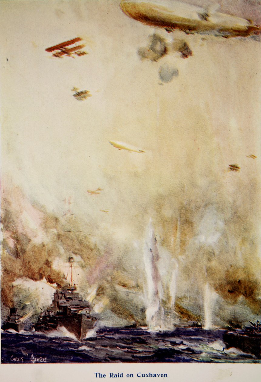 „Nalot na Cuxhaven, grudzień 1914”, ilustracja z „Told in the Huts: The YMCA Gift Book”, opublikowanej w 1916 roku autorstwa Cyrus Cuneo