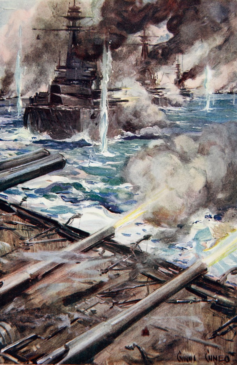 „Flota pancerników strzelających burtą”, ilustracja z „Opowiedziane w chatach: Księga podarunkowa YMCA”, wydanej w 1916 r. autorstwa Cyrus Cuneo