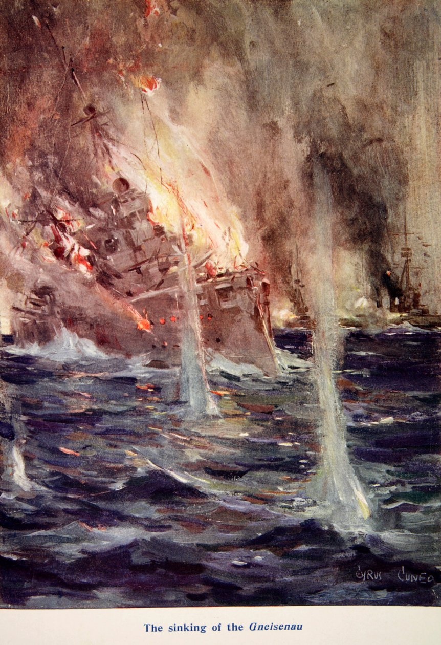 „Zatonięcie Gneisenau”, ilustracja z „Opowiedziane w chatach: Księga podarunkowa YMCA”, opublikowana w 1916 r. autorstwa Cyrus Cuneo