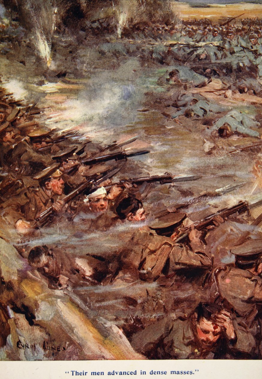 „Ich ludzie posuwali się w gęstych masach”, ilustracja z „Opowiedzianych w chatach: Księga podarunkowa YMCA”, wydanej w 1916 r. autorstwa Cyrus Cuneo