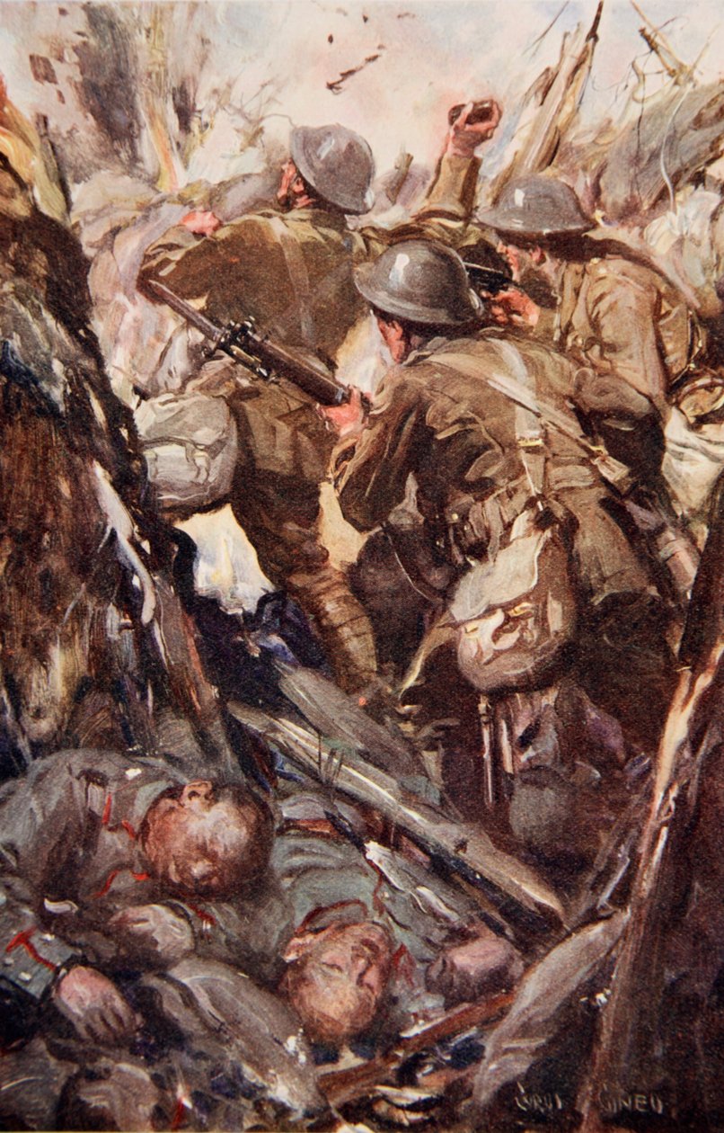 „Zbombardowali i przebili bagnetami drogę do rowu wroga”, ilustracja z „Told in the Huts: The YMCA Gift Book”, opublikowanej w 1916 r. autorstwa Cyrus Cuneo