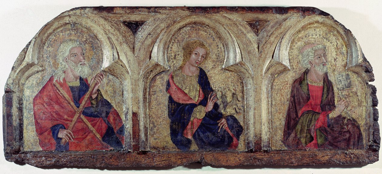Św. Andrzej, św. Jan Ewangelista i św. Piotr, z lewego panelu Roudnice Predella, ok. 1340 (tempera na panelu) autorstwa Czech School
