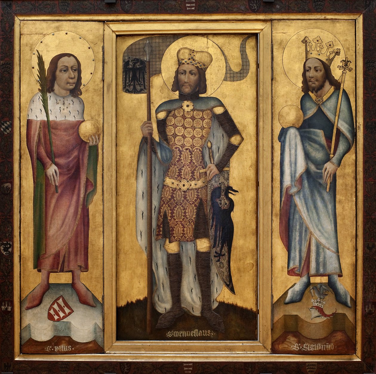 Ołtarz Muhlhausen (lub ołtarz praski). Otwarte ołtarze z trzema głównymi świętymi Bohemy: św. Wita (św. Guy), niosący palmę i globus, św. autorstwa Czech School